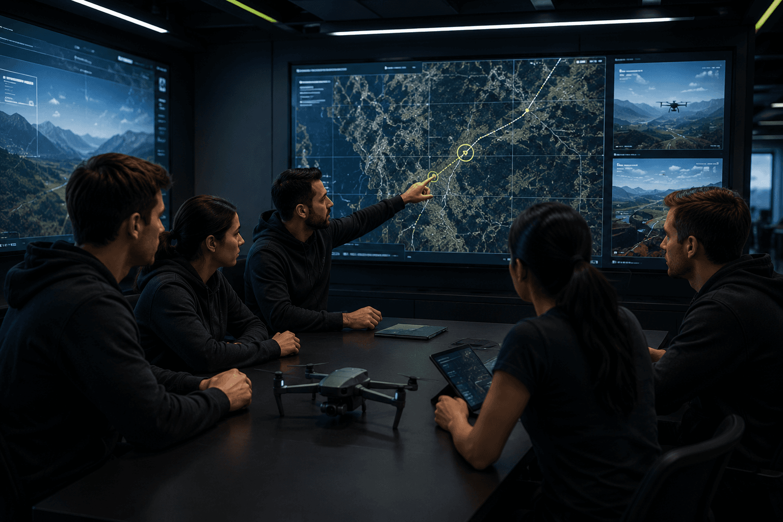 Deelnemer bestuurt een dronesimulator in een moderne mission-controlruimte